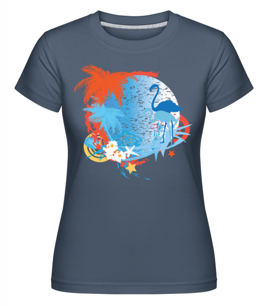 Flamingos In Paradise Blue/Orang -  Shirtinator tričko pro dámy - Džínovina - Napřed